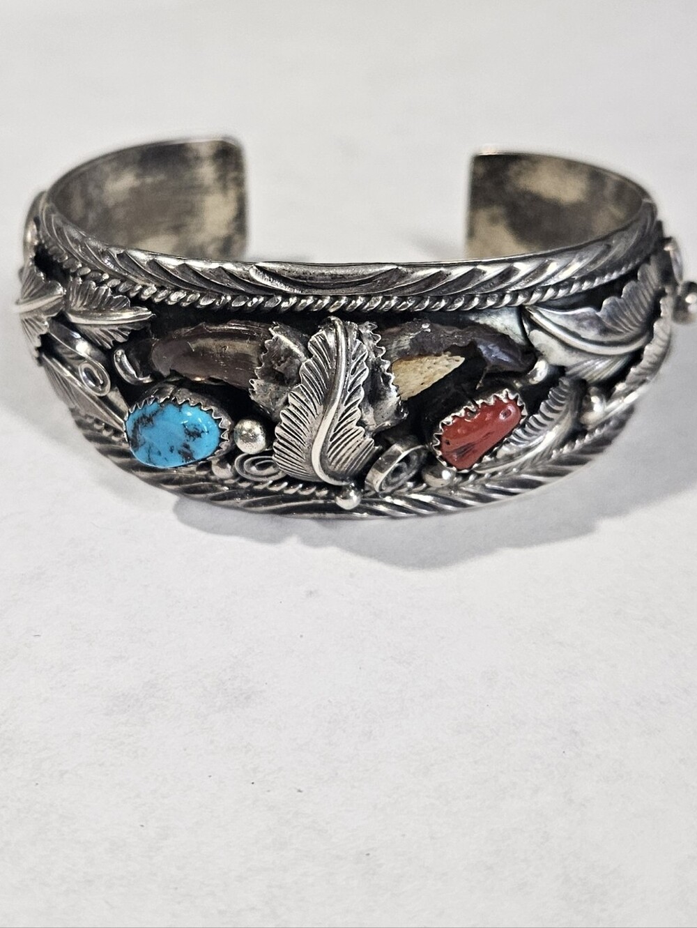 Vintage Handmade Sterling Silver Navajo Cuff Bracelet Turquoise Coral Stones - Picture 11 of 16